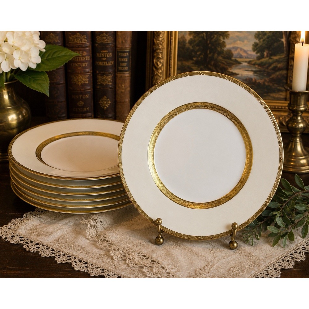 Set of 6 Minton K100 Dinner Plates 10" Gold Encrusted Cream England Antique